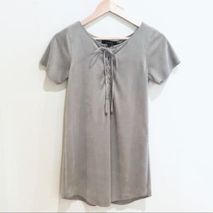 Olivaceous Gray Faux Suede Lace Up Mini Dr…